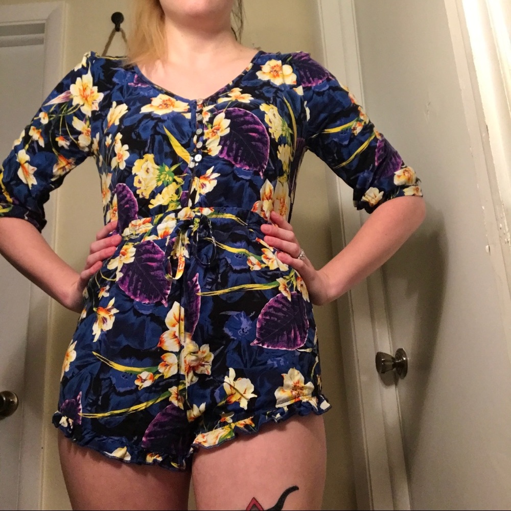 California Gypsy Blue Floral Long-sleeve Romper - Size M